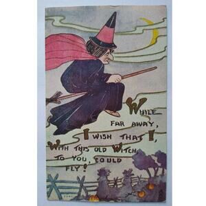 Halloween Postcard Gothic Witch Flying By Pumpkin Patch 204D FA Owen Providence